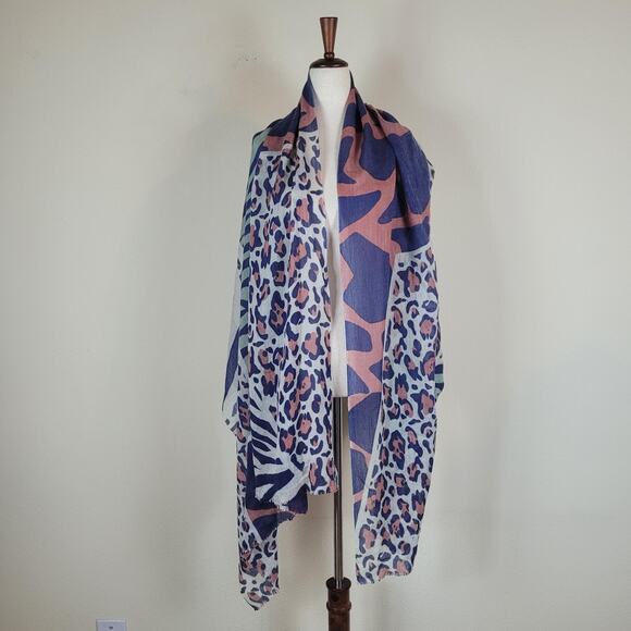Yarnz Scarf Wrap Blue Pink Animal Print Cashmere Silk Leopard Lightweight Airy - Picture 1 of 5